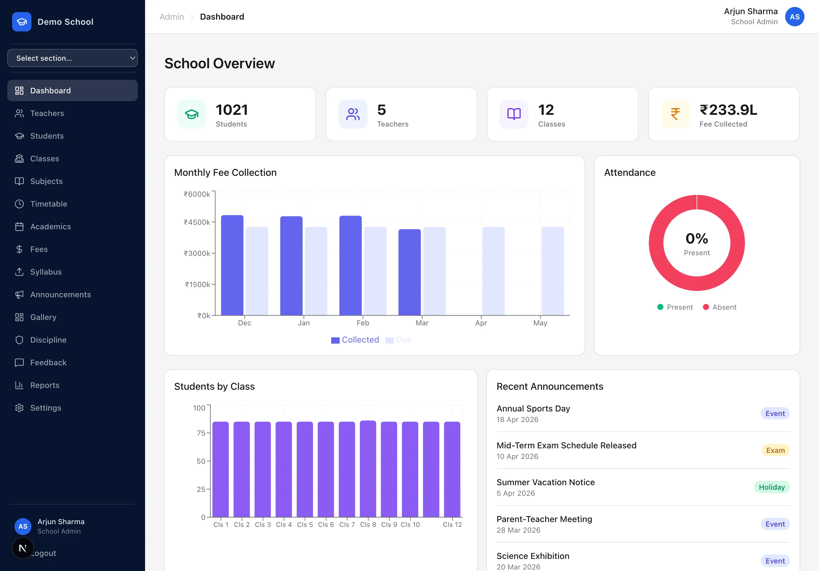 Full admin dashboard with student and fee overview