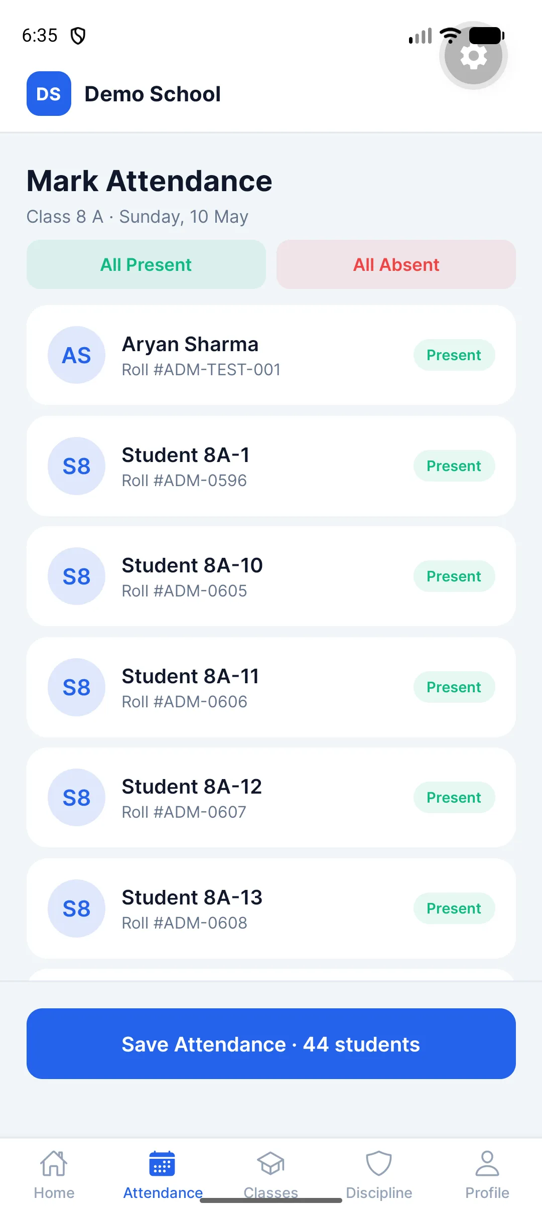 Teacher marking attendance on ConnectMySkool mobile app