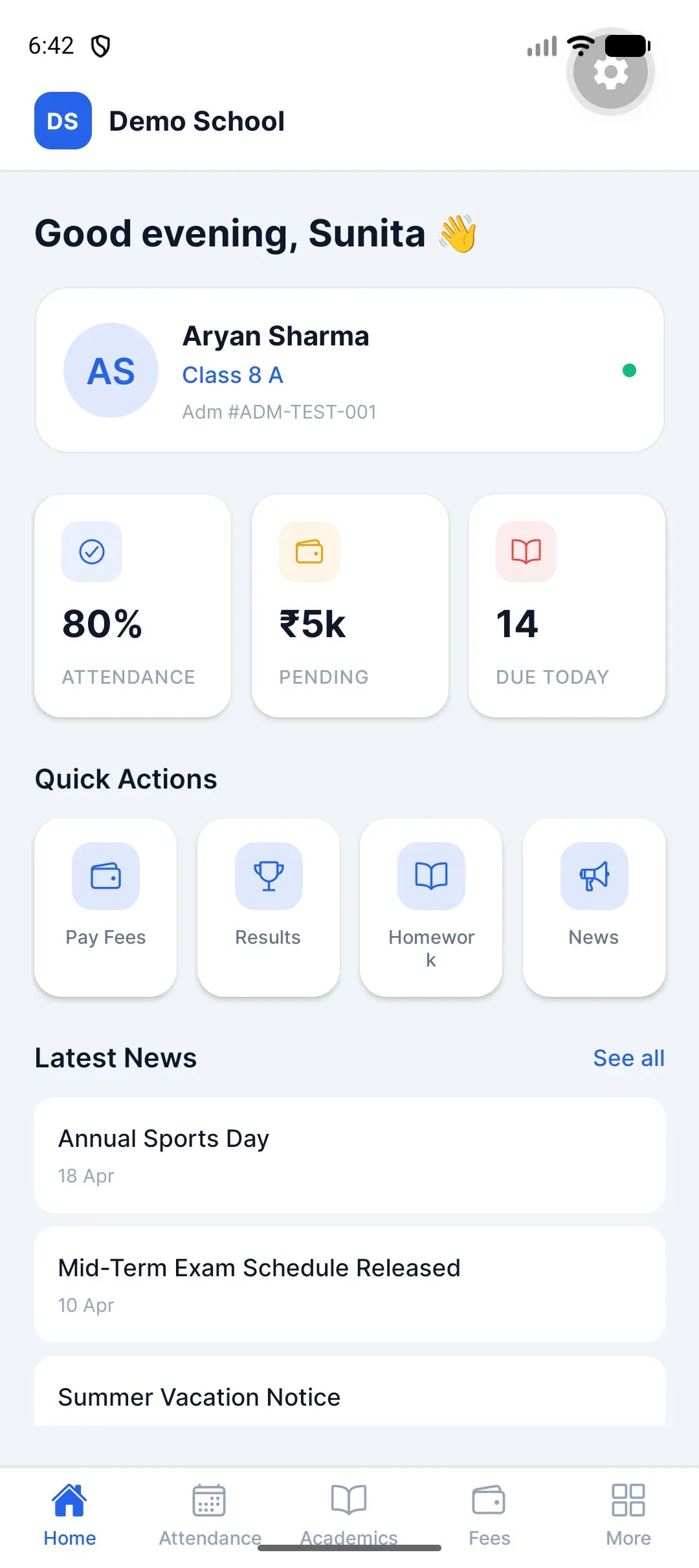 Parent mobile app showing child attendance and homework